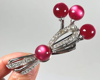 Vintage Pink Moonstone-like and Silver Tone Bow and Bouquet Brooch #Br1