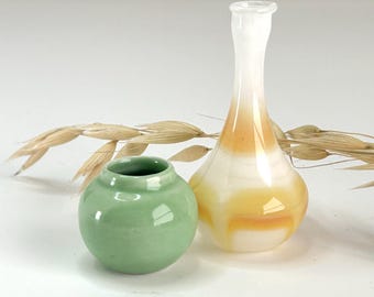 Miniature Vases - Set of Two Vintage - Green Ceramic and Yellow Glass #B3