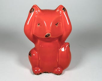 Ceramic Fox Figurine in Bright Orange - Hear No Evil Pose