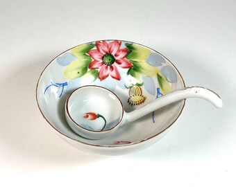 Vintage Hand Painted Floral Japanese Mayonaise Sauce Dish with Ladle #LDR