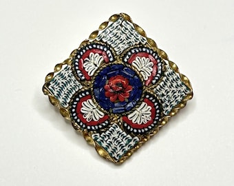 Vintage Italian Micro Mosaic Millefiori Square Brooch in Reds and Blues #Br2