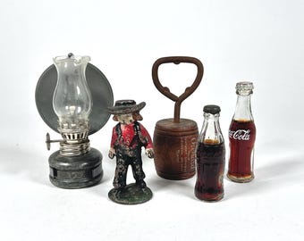 Vintage Rustic Decor Miniature Coke Bottles, Oil Lamp, Figurine