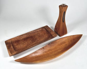 Hand Carved Wood Trinket Tray and Vase Set / 3 - Mid Century Style