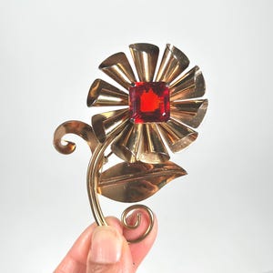Vintage Sterling Flower Brooch: Orange Crystal, Gold Vermeil Accents