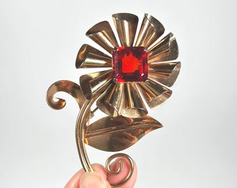 Vintage Sterling Flower Brooch: Orange Crystal, Gold Vermeil Accents #Br1