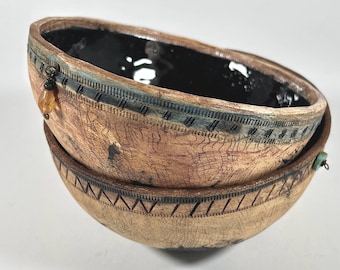 Tribal Style Studio Pottery Bowl Set Calabash Gourd Inspired