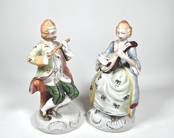 Occupied Japan Porcelain Musician Figurines in Baroque / Rococo Costumes Flute and Mandolin B11