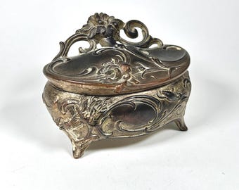 Art Nouveau Metal Jewelry Casket with Scrolling Flowers