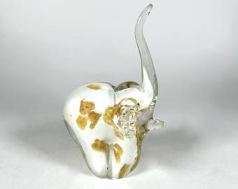 Art Glass Elephant: White & Golden Nougat Design, 5" Tall #B6