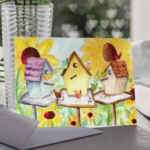 Cartão de casa de passarinho em aquarela, download digital 5x7, cartão inspirado na natureza, arte de girassol, presente para amantes de pássaros, cartão de arte para impressão, cartão para amantes de jardins