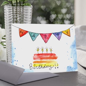 Cartão de Feliz Aniversário para Download Digital, Cartão de Aniversário em Aquarela, Cartão de Aniversário para Imprimir, Presente de Aniversário Faça Você Mesmo, Cartão de Aniversário para Download Instantâneo