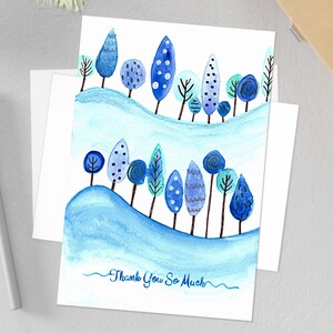 Cartão de agradecimento para download digital, árvores aquarela azuis 5x7, cartão inspirado na natureza, nota de agradecimento para impressão, cartão de agradecimento artístico