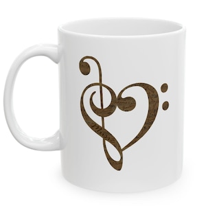 Musical Heart Mug Treble And Bass, Vintage Music Art, Ceramic Coffee Cup, Microwave Safe, Music Teacher Gift
