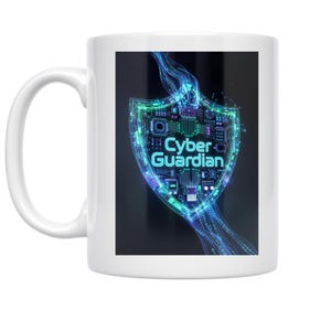 May include: White ceramic mug featuring a shield design with the words "Cyber Guardian" in blue. The shield is filled with circuit board patterns and neon green and blue accents. The mug has a curved handle.