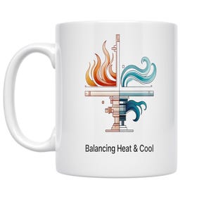 May include: White ceramic mug featuring a graphic design split into two halves. One side depicts orange flames, the other blue water. The text "Balancing Heat & Cool" is printed below the design.