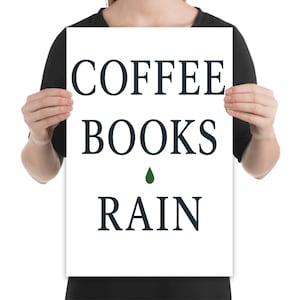 Póster "Coffee Books Rain", arte de pared minimalista y acogedor, impresión literaria para amantes de la lectura, decoración para rincones de lectura otoñales.