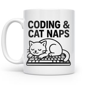 May include: White ceramic mug with the text "CODING & CAT NAPS" in black. A black and white illustration of a cat sleeping on a keyboard is below the text. The mug has a curved handle.