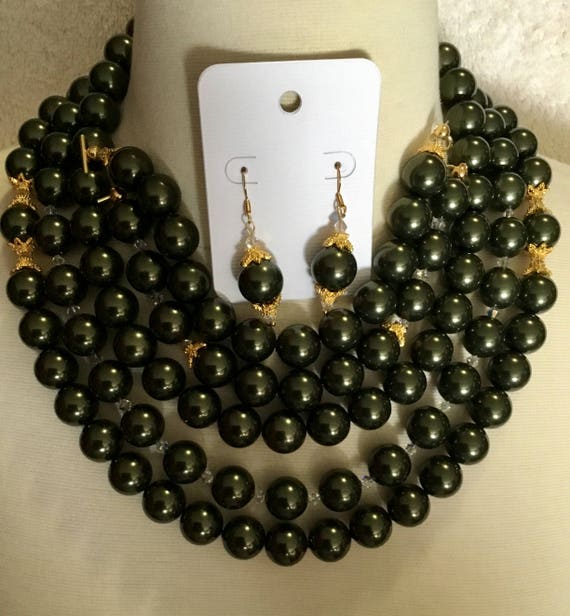 La’Faye Regal Designs by Dana, Dark Green 3 Strand Necklace, 2 Bracelets and Earrings Set