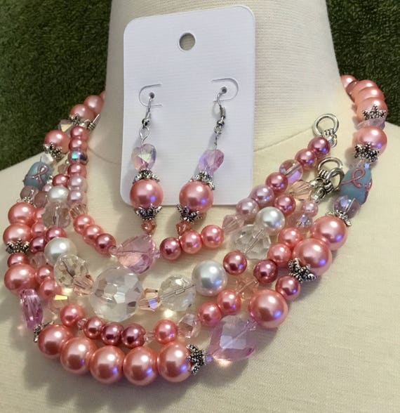 La’Faye Regal Designs by Dana, Pink Ice Breast Cancer Awareness Necklace, 3 Bracelets and Earrings Set