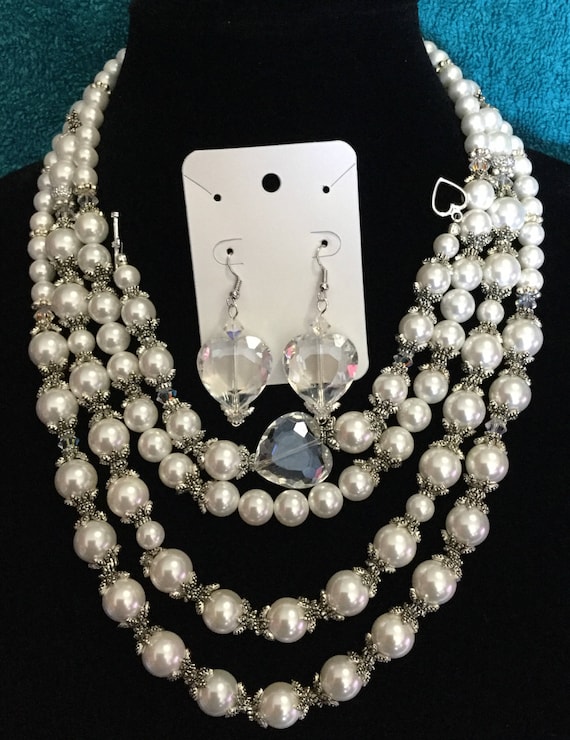 La'Faye Regal Designs by Dana 2 Strand Faux Pearl Necklace, Heart Bracelet and Heart Earrings