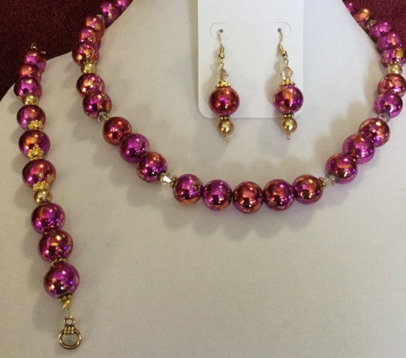 La'Faye Regal Designs by Dana Sizzling Summer Hot Pink and Gold  Necklace, Bracelet and Earrings Set