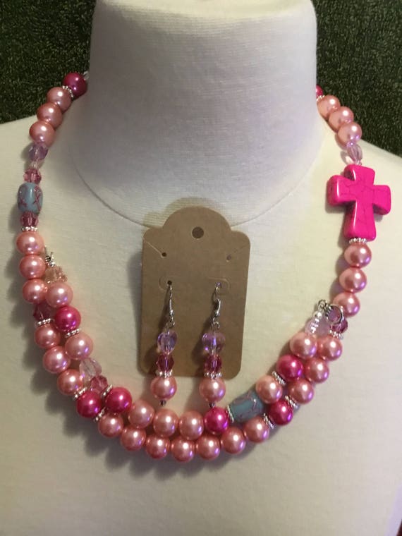 La’Faye Regal Designs by Dana, Pink Cross Breast Cancer Awareness Necklace, Bracelet and Earrings Set