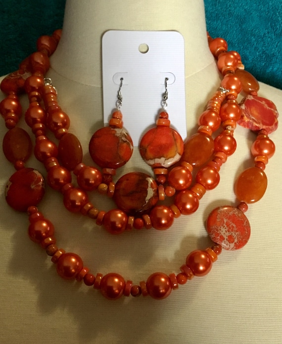 La’Faye Regal Designs by Dana, Orange & Stones 2 Strand Necklace, Bracelet and Earrings Set