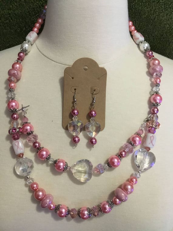 La’Faye Regal Designs by Dana Cotton Candy Breast Cancer Awareness Necklace, Bracelet and Earrings Set