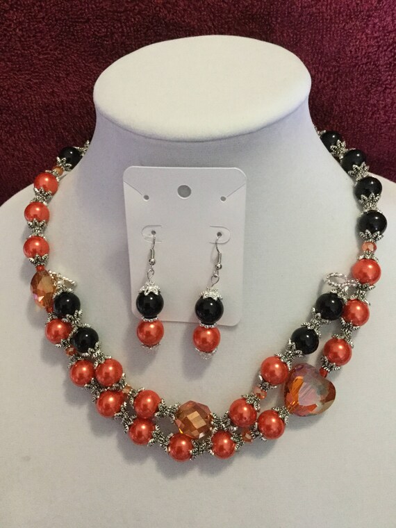 La'Faye Regal Designs by Dana Sunshine Orange Heart & Black, Necklace, Bracelet and Earrings Set