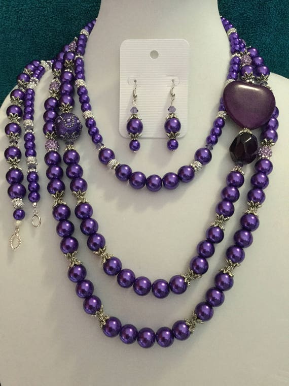 La'Faye Regal Designs by Dana Purple 3 Strand Necklace, 2 Bracelets and Earrings