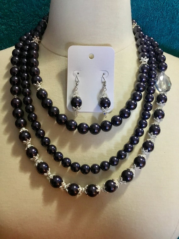 La’Faye Regal Designs by Dana, Dark Purple 3 Strand Necklace, 3 Bracelets and Earrings Set