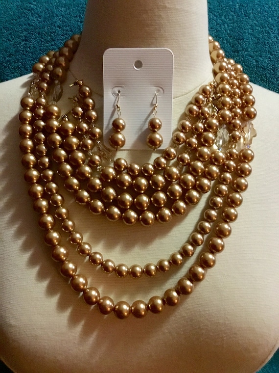 La’Faye Regal Designs by Dana, Gold 3 Strand Necklace, 3 Bracelets and Earrings Set