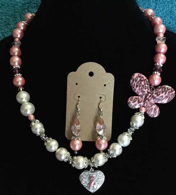 La’Faye Regal Designs by Dana Heart Pendant & Butterfly Breast Cancer Awareness Necklace and Earrings Set