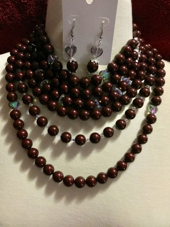 La’Faye Regal Designs by Dana, Pearl Maroon 3 Strand Necklace, 3 Bracelets and Earrings Set