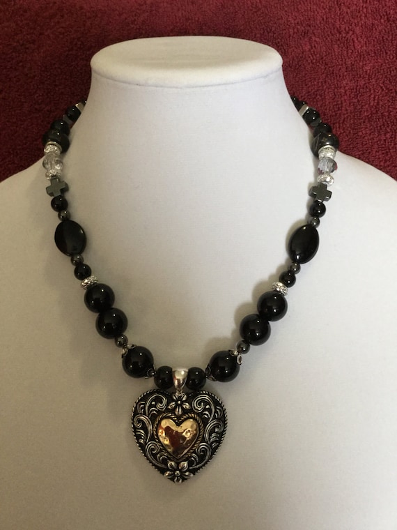 La'Faye Regal Designs by Dana Black Necklace with Black, Silver & Gold Heart