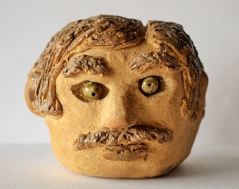 Vintage Ceramic Clay Man's Head with a Mustache, Signed