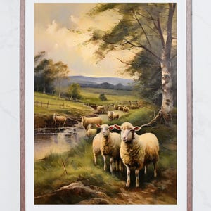 Vintage Sheep Painting, Farm Animal Print, Vintage Wall Decor, Modern Farmhouse Wall Art, Cottage Decor Landscape Print, Nursery Decor