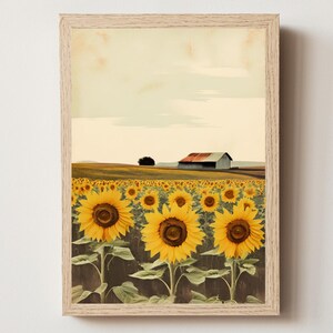 Vintage Farm Painting, Light Color Painting, Botanical Wall Art, Vintage Farmhouse Decor, Summer Decor,Sunflowers Fields, Digital Download