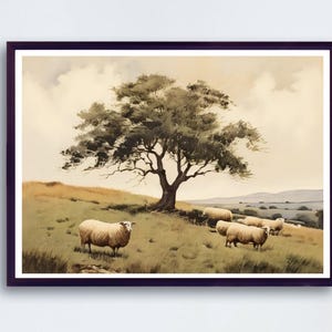 Sheep Painting, Vintage Farm Animal Print,  Wall Decor, Modern Farmhouse Wall Art, Cottage Decor Landscape Print, sheep art,Digital Download
