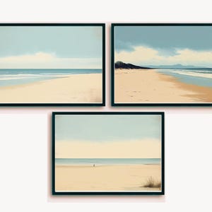 Minimalistische Strand Malerei, Wandkunst Set von 3, Vintage Wandkunst, Gedämpfte Landschaftsdruck, Küstenwandkunst, Strandhaus Wandkunst, Pastelldruck