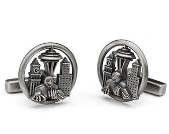 Seattle WA Cufflinks | Silver Gold Platinum Cufflinks | Retirement Gift | Gift for Man Colleague | Custom Cityscape Cufflinks | Skyline Gift