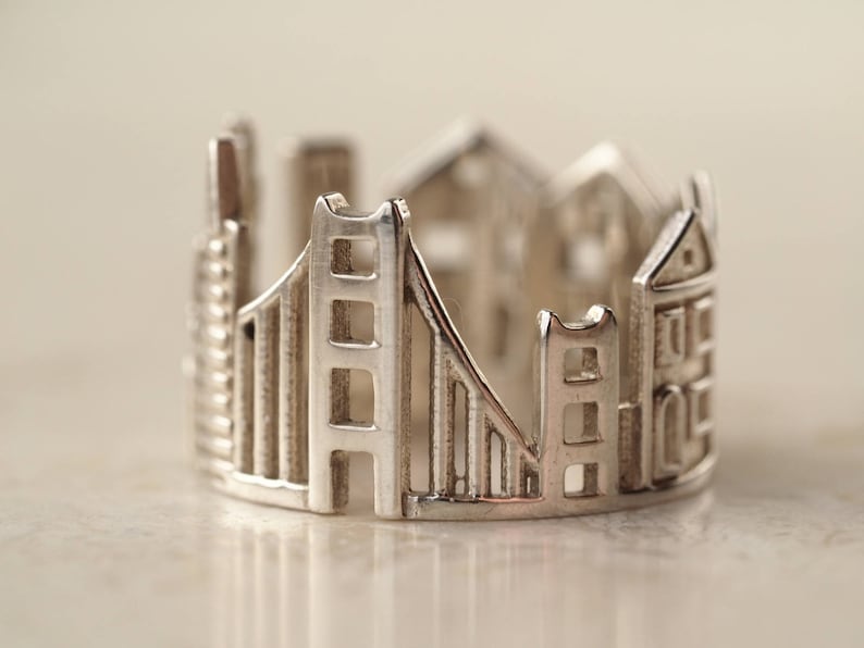 San Francisco Cityscape Ring California Silver Golden Ring Christmas Idea Statement Ring Gift for Him Birthday Gift for Friend image 5