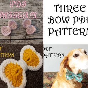 May include: Three crochet bow patterns in PDF format. The image shows two pink bows, one yellow and white bow, and a dog wearing a blue and green bow.