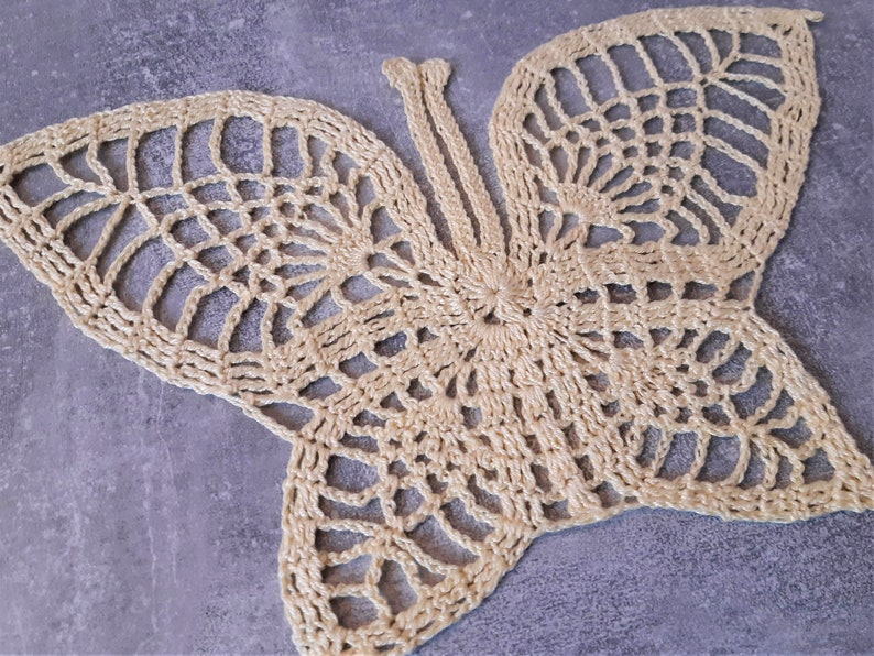 Puede incluir: Una mariposa de ganchillo beige con intrincados detalles de encaje.