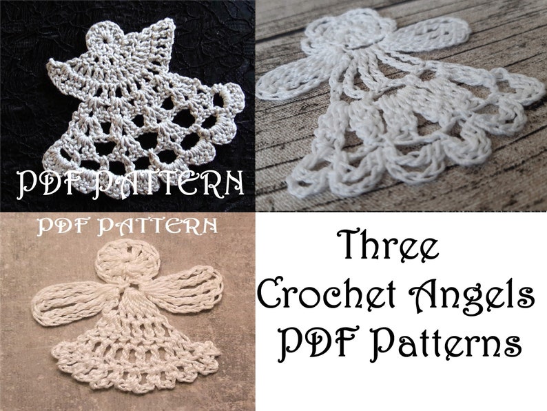 Puede incluir: Tres patrones de crochet de &aacute;ngeles en formato PDF. Los patrones presentan &aacute;ngeles de crochet blanco con detalles intrincados.