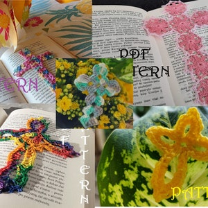 May include: Four different crochet bookmark designs, each with a different color scheme and pattern. The bookmarks are displayed on open books with the text "PDF PATTERN" visible on each image.