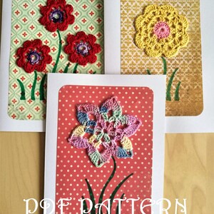 Drie gehaakte bloemenkaarten pdf-patronen