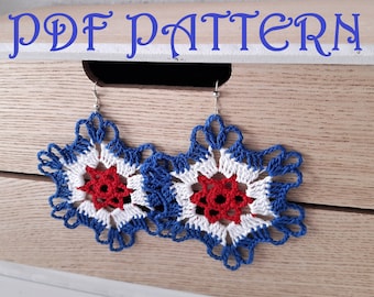 Patrón PDF de pendientes de flores de crochet en rojo, blanco y azul