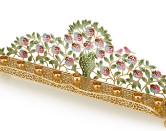 Floral Enamel Menorah | Handmade Jewish Hanukkah Candelabra