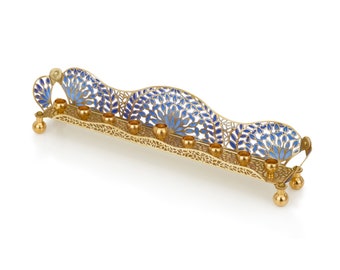 Handmade Hanukkah Menorah | Blue Floral Jewish Candelabra